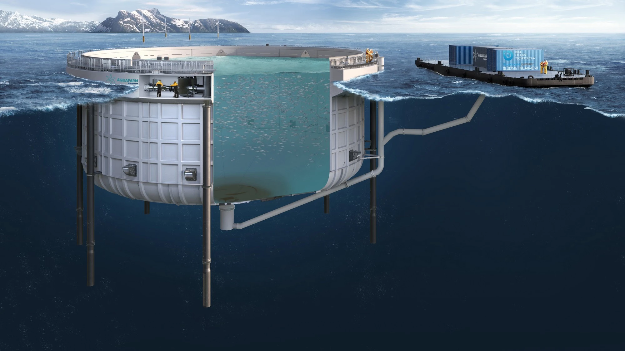 Aquafarm closed cage, opened up in a technical cutaway illustration
